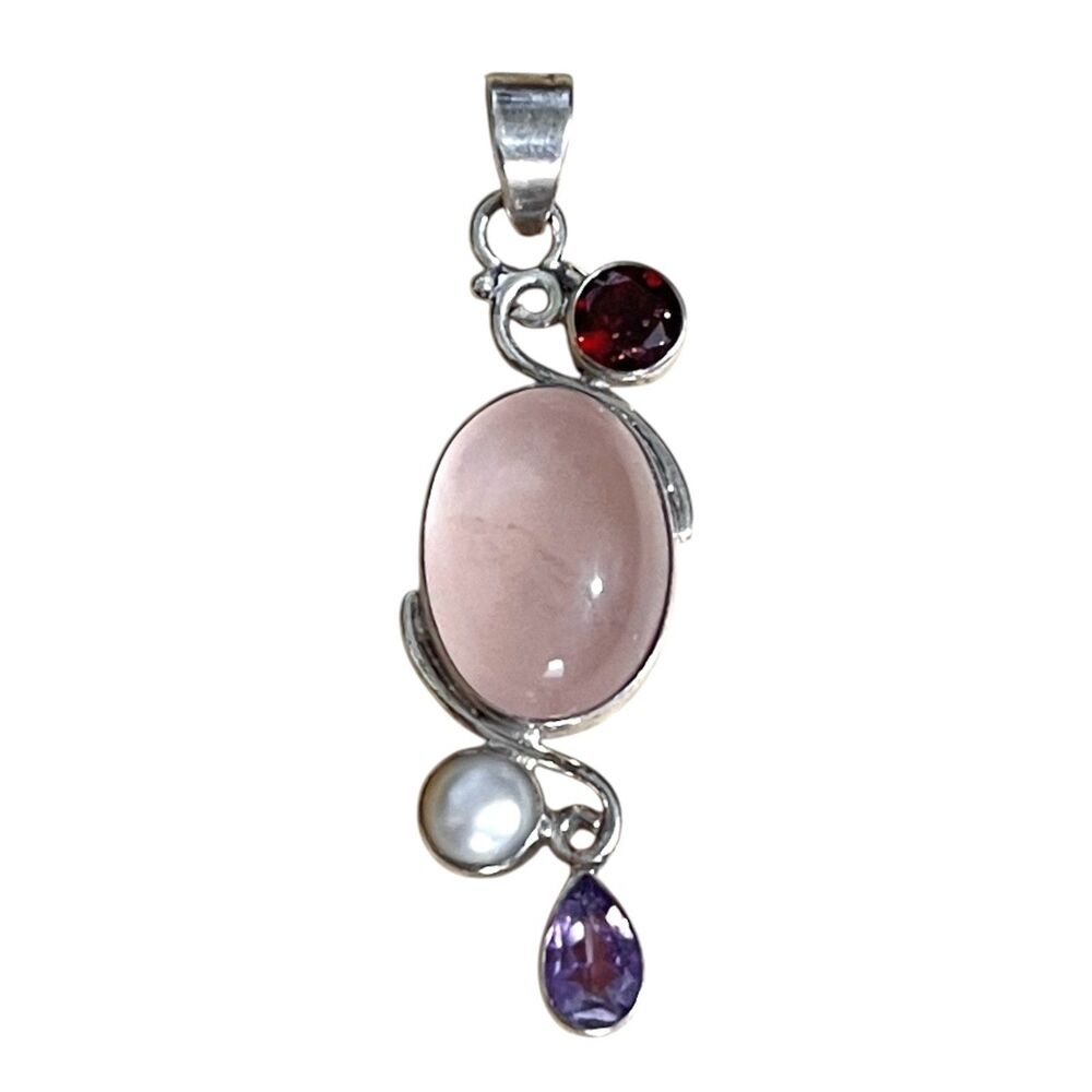 Swirl Rose Quartz Cabochon Pendant Sterling Silver Cultured Pearl Asymmetrical